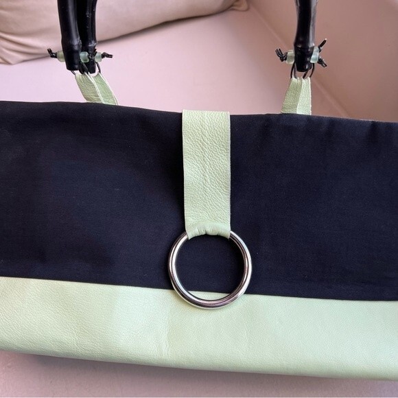 Bobo Bags Handcrafted in Denver Lime Green & Black Handbag Purse Bamboo Handles - Picture 2 of 15
